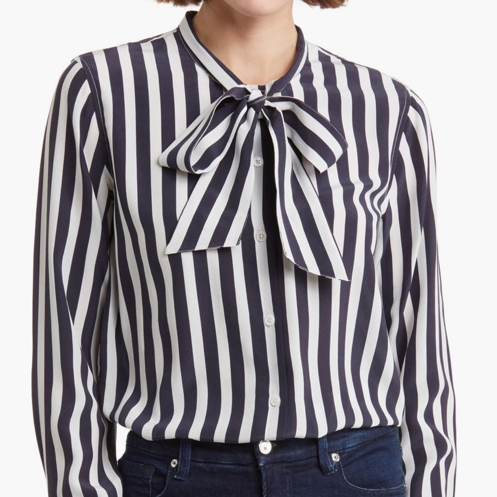 NEW!! AG Arley Stripe Tie Neck Long Sleeve Silk Button-Up Shirt